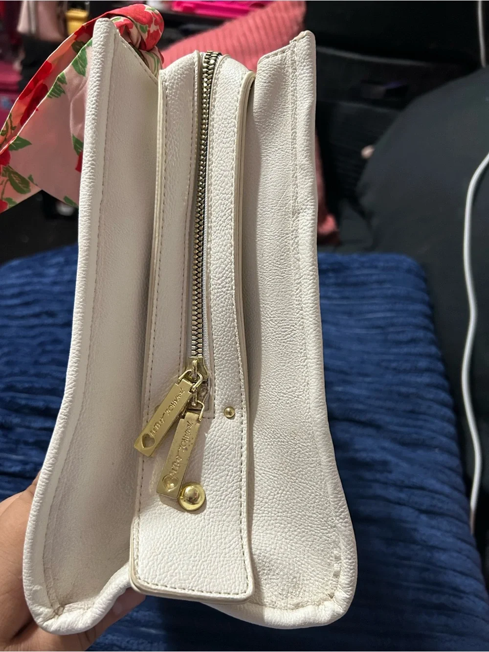Betsey Johnson White Quilted Shoulder Bag with Pink Floral Scarf